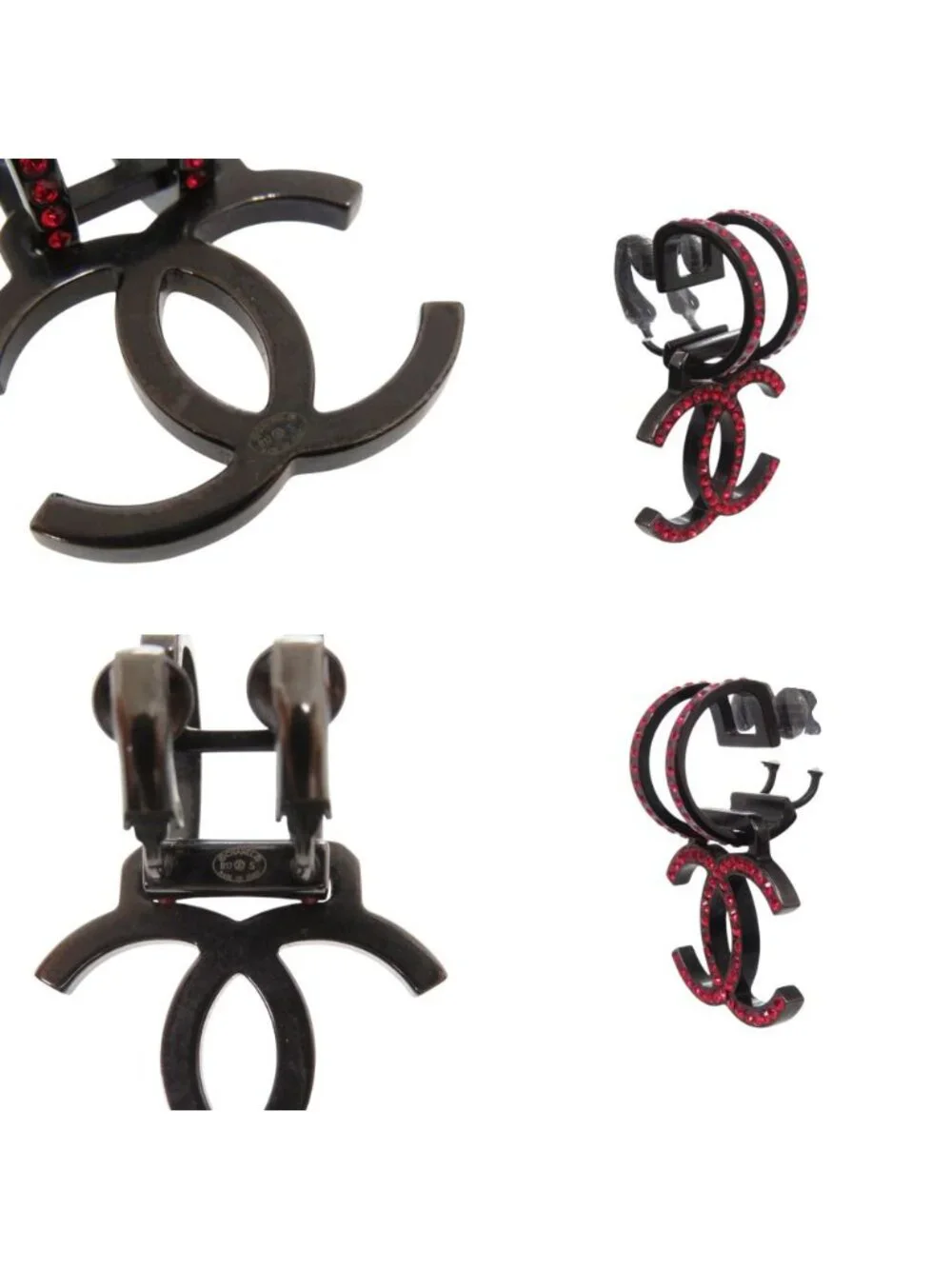 Chanel CC Logo Hoop Earrings Rhinestone Metal Red Black Stamp